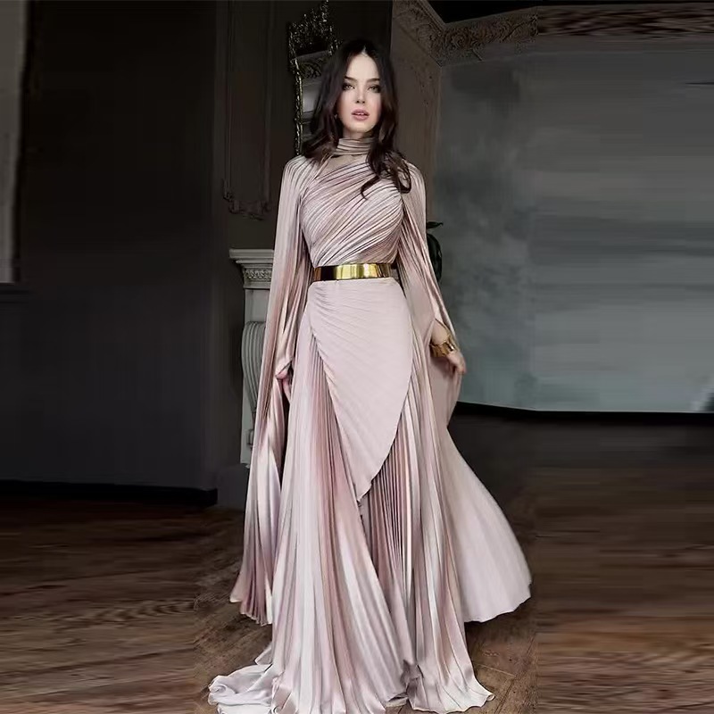 Guangzhou Street Fashion - Moda Gradyan Baskılı Katlamalı Abiye Elbise