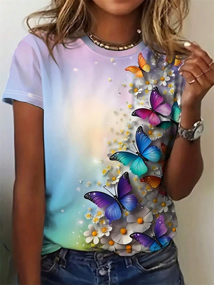 Street Fashion Urban - Kelebek Baskılı Kadın Tişörtü Yaz Günlük